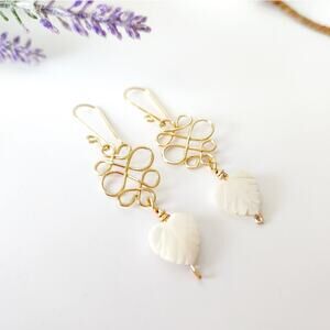 White Shell Heart Leaf Earrings / Gold Wire-Wrapped Dangle Earrings / Handmade